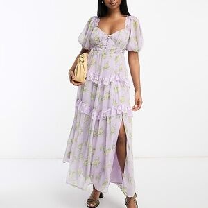 ASOS Lilac Floral Maxi Dress Puff Sleeve Lace Trim Open Back